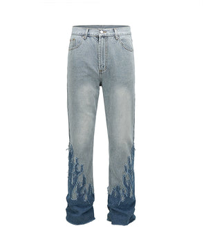 Tung Sung Retro-Styled Denim Jeans with Distressed Hems & Flame Applique Patches - Tung Sung