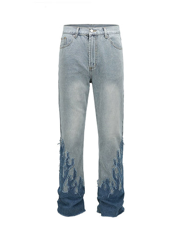 Tung Sung Retro-Styled Denim Jeans with Distressed Hems & Flame Applique Patches - Tung Sung