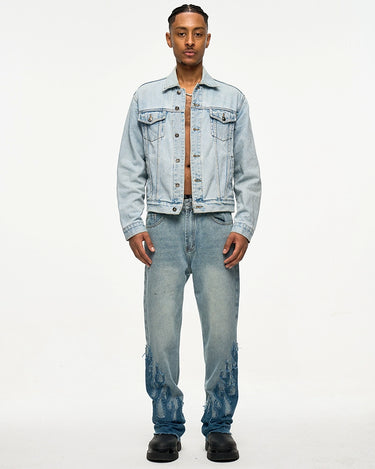 Tung Sung Retro-Styled Denim Jeans with Distressed Hems & Flame Applique Patches - Tung Sung