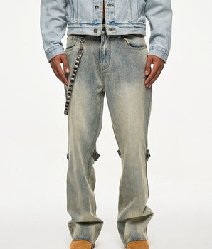 Tung Sung Removable Leather Chain Strap Yellow Wash Distressed Hem Jeans with Detachable Chain Detail - Tung Sung