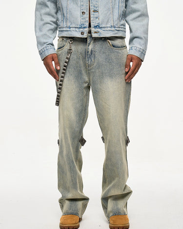 Tung Sung Removable Leather Chain Strap Yellow Wash Distressed Hem Jeans with Detachable Chain Detail - Tung Sung