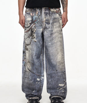 Tung Sung Digital Print Keychain-Accentuated Baggy Jeans - Tung Sung