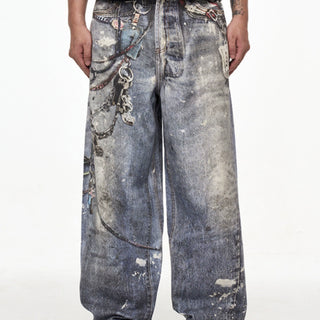 Tung Sung Digital Print Keychain-Accentuated Baggy Jeans - Tung Sung