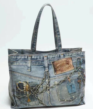 Tung Sung Faded 3D Metal Chain Printed Shoulder Tote Bag