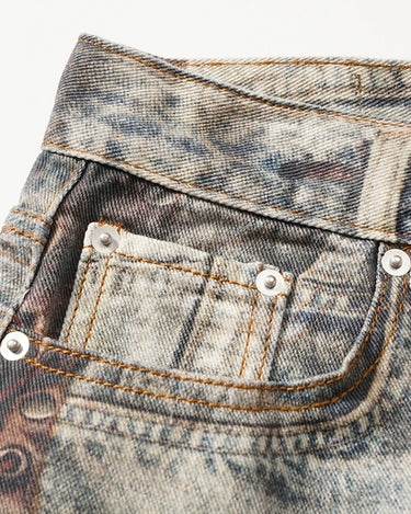 Tung Sung Vintage Distressed Denim Jeans with Digital Patchwork Prints - Relaxed Fit for Casual Wear - Tung Sung