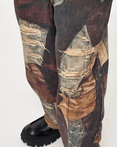 Tung Sung Vintage Distressed Denim Jeans with Digital Patchwork Prints - Relaxed Fit for Casual Wear - Tung Sung