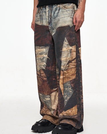 Tung Sung Vintage Distressed Denim Jeans with Digital Patchwork Prints - Relaxed Fit for Casual Wear - Tung Sung