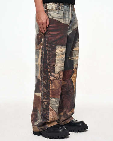 Tung Sung Vintage Distressed Denim Jeans with Digital Patchwork Prints - Relaxed Fit for Casual Wear - Tung Sung