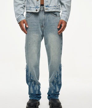 Tung Sung Retro-Styled Denim Jeans with Distressed Hems & Flame Applique Patches - Tung Sung