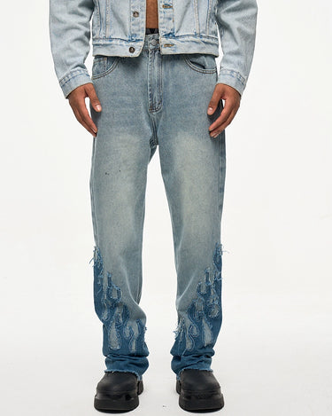 Tung Sung Retro-Styled Denim Jeans with Distressed Hems & Flame Applique Patches - Tung Sung