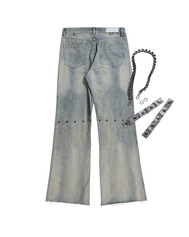 Tung Sung Removable Leather Chain Strap Yellow Wash Distressed Hem Jeans with Detachable Chain Detail - Tung Sung