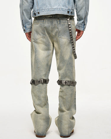 Tung Sung Removable Leather Chain Strap Yellow Wash Distressed Hem Jeans with Detachable Chain Detail - Tung Sung