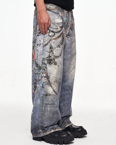 Tung Sung Digital Print Keychain-Accentuated Baggy Jeans - Tung Sung