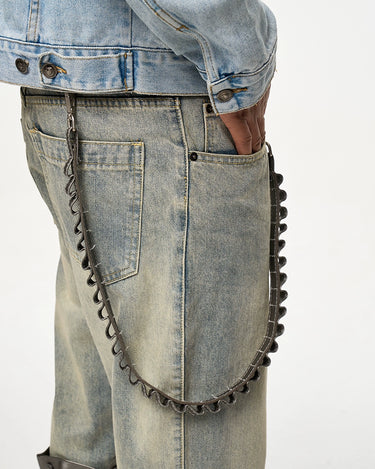 Tung Sung Removable Leather Chain Strap Yellow Wash Distressed Hem Jeans with Detachable Chain Detail - Tung Sung