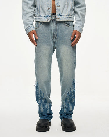 Tung Sung Retro-Styled Denim Jeans with Distressed Hems & Flame Applique Patches - Tung Sung