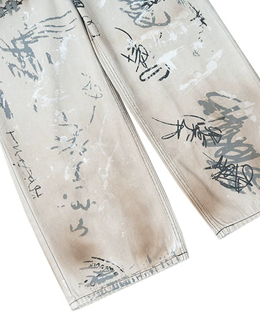 Tung Sung Graffiti-Infused Hand-Painted Dirty Black to Grey Ombre Jeans - Tung Sung