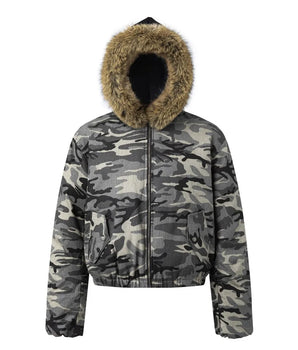 Tung Sung Retro Camouflage Fur Hooded Short Coat