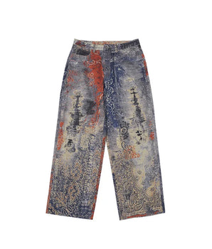 Tung Sung Cashew Flower Digital Printed Denim Cargo Jeans