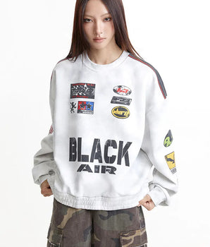 Tung Sung Vintage Washed Racing Letter Print Sweatshirt - Must-Have Retro Streetwear, Hot Search Item - Tung Sung