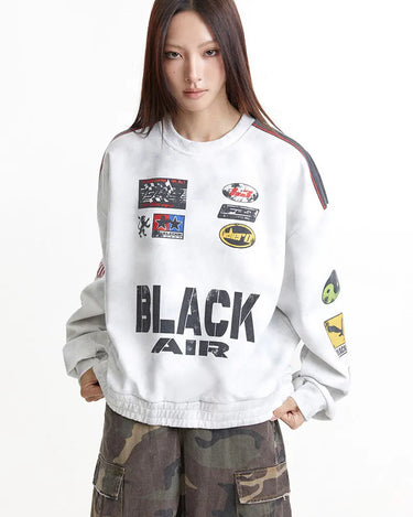 Tung Sung Vintage Washed Racing Letter Print Sweatshirt - Must-Have Retro Streetwear, Hot Search Item - Tung Sung