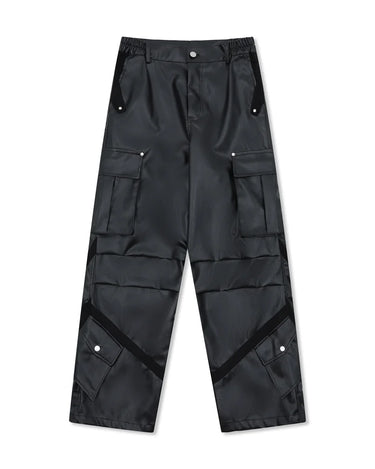 Tung Sung Black Crinkle Multi-Pocket Leather Pants - Trendy Streetwear Utility Pants, Hot Search Pick - Tung Sung