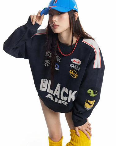 Tung Sung Vintage Washed Racing Letter Print Sweatshirt - Must-Have Retro Streetwear, Hot Search Item - Tung Sung