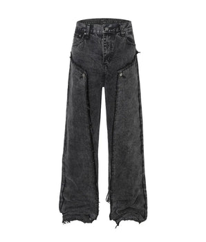 Frayed Edge Patchwork Washed Denim Jeans