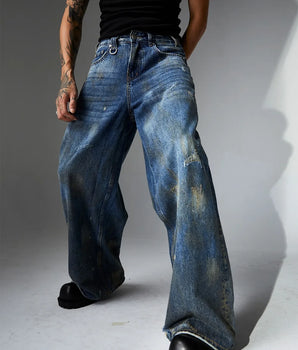 Distressed Acid-Wash Blue Denim Jeans