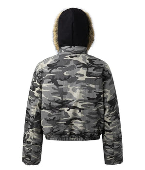 Tung Sung Retro Camouflage Fur Hooded Short Coat