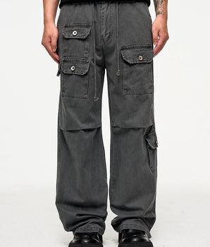 Tung Sung Vintage Washed Multi-Pocket Cargo Paratrooper Pants with Crinkle Design - Stylish and Functional - Tung Sung