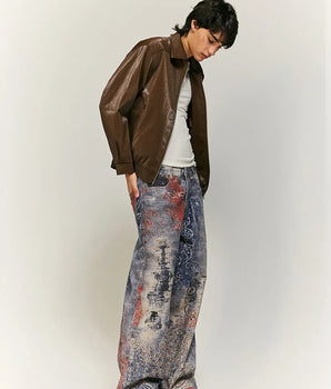 Tung Sung Cashew Flower Digital Printed Denim Cargo Jeans