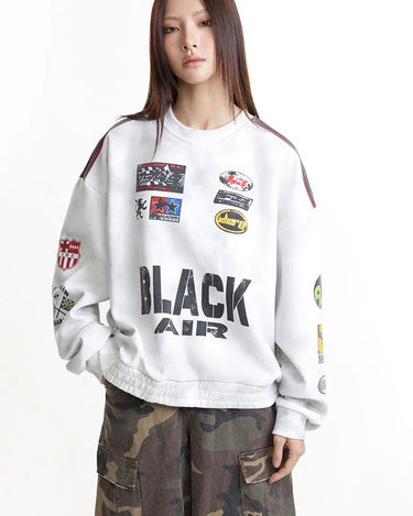 Tung Sung Vintage Washed Racing Letter Print Sweatshirt - Must-Have Retro Streetwear, Hot Search Item - Tung Sung