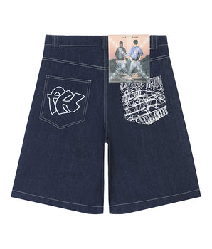 Tung Sung Chicano-Inspired Embroidered Script Jorts in Relaxed Fit - Tung Sung