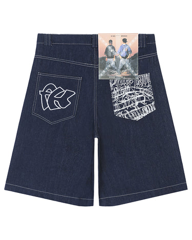 Tung Sung Chicano-Inspired Embroidered Script Jorts in Relaxed Fit - Tung Sung