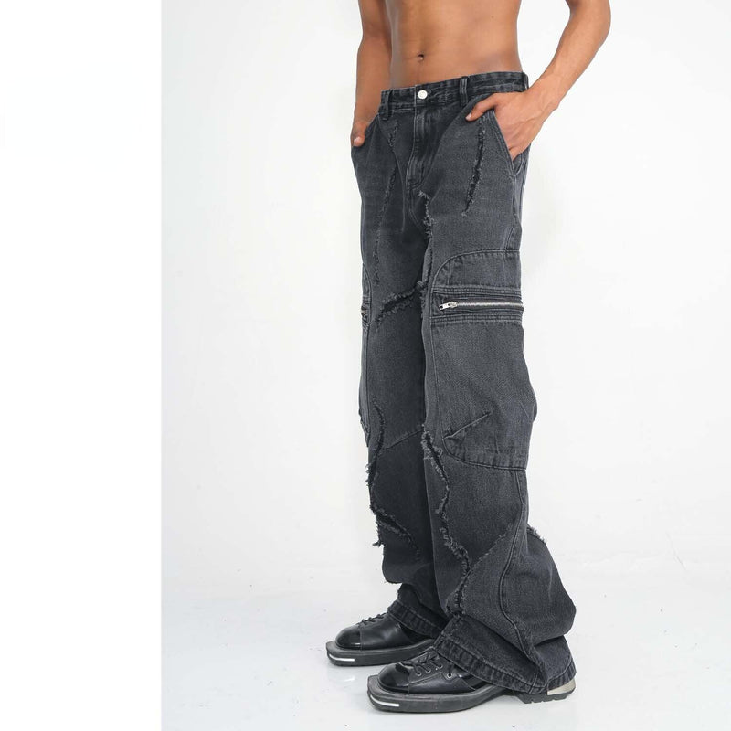 Black Large Pocket Distressed Jeans M7TZ047 - UncleDon JM