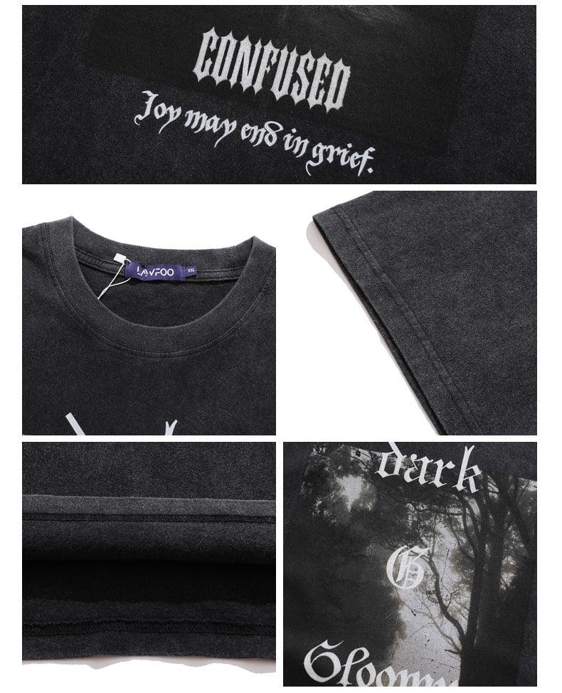 Black Retro Gothic Printed Distressed T-shirt VS0067 - UncleDon JM