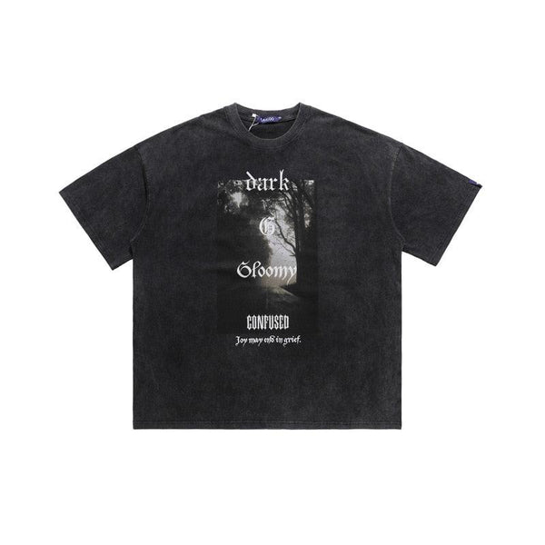 Black Retro Gothic Printed Distressed T-shirt VS0067 - UncleDon JM