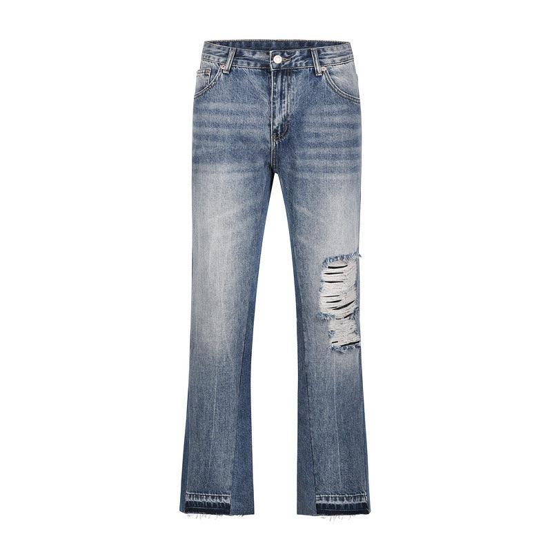 Blue Broken Knee Micro-flared Jeans N052 - UncleDon JM