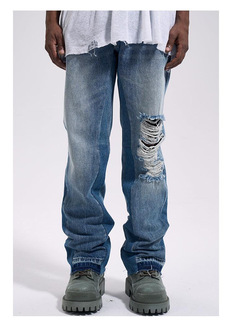 Blue Broken Knee Micro-flared Jeans N052 - UncleDon JM