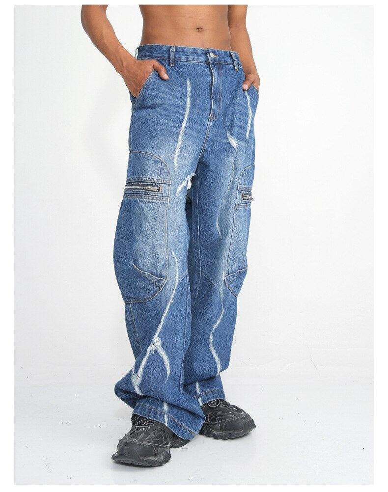 Blue Large Pocket Distressed Jeans M7TZ047 - UncleDon JM