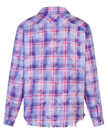 Tung Sung Vibrant Purple Plaid Shirt with Fringe Trim & Distressed Details - Standout Fashion Staple - Tung Sung