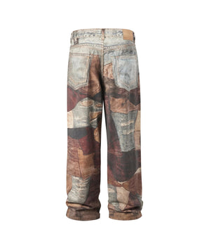 Tung Sung Vintage Distressed Denim Jeans with Digital Patchwork Prints - Relaxed Fit for Casual Wear - Tung Sung