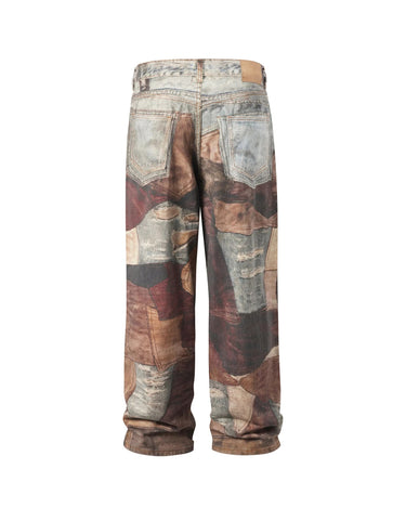 Tung Sung Vintage Distressed Denim Jeans with Digital Patchwork Prints - Relaxed Fit for Casual Wear - Tung Sung