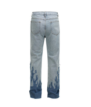 Tung Sung Retro-Styled Denim Jeans with Distressed Hems & Flame Applique Patches - Tung Sung