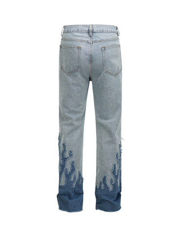 Tung Sung Retro-Styled Denim Jeans with Distressed Hems & Flame Applique Patches - Tung Sung