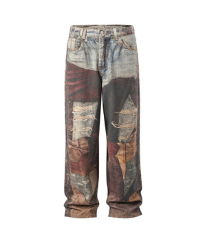 Tung Sung Vintage Distressed Denim Jeans with Digital Patchwork Prints - Relaxed Fit for Casual Wear - Tung Sung