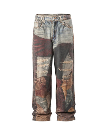 Tung Sung Vintage Distressed Denim Jeans with Digital Patchwork Prints - Relaxed Fit for Casual Wear - Tung Sung