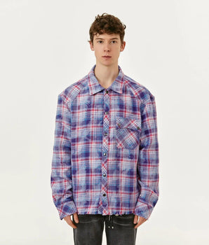 Tung Sung Vibrant Purple Plaid Shirt with Fringe Trim & Distressed Details - Standout Fashion Staple - Tung Sung