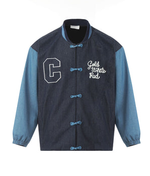 Tung Sung The Chinese Knot Button Contrast Patchwork Varsity Jacket