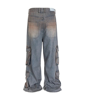 Tung Sung Vintage Multi-Pocket Jeans in Yellow Mud Wash with Distressed Finish - Tung Sung